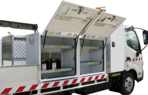 2- Aluminium powder coated toolboxes with internal shelves, gas struts and whale tail locking