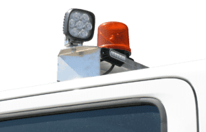 2- Square LED worklights mounted on roof bar with amber beacon and hazard flasher